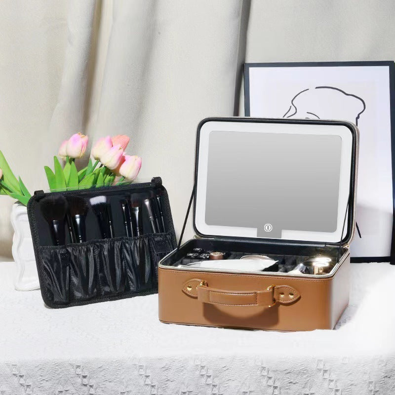 Leather makeup box-with LED mirror-three light modes-suitable for makeup