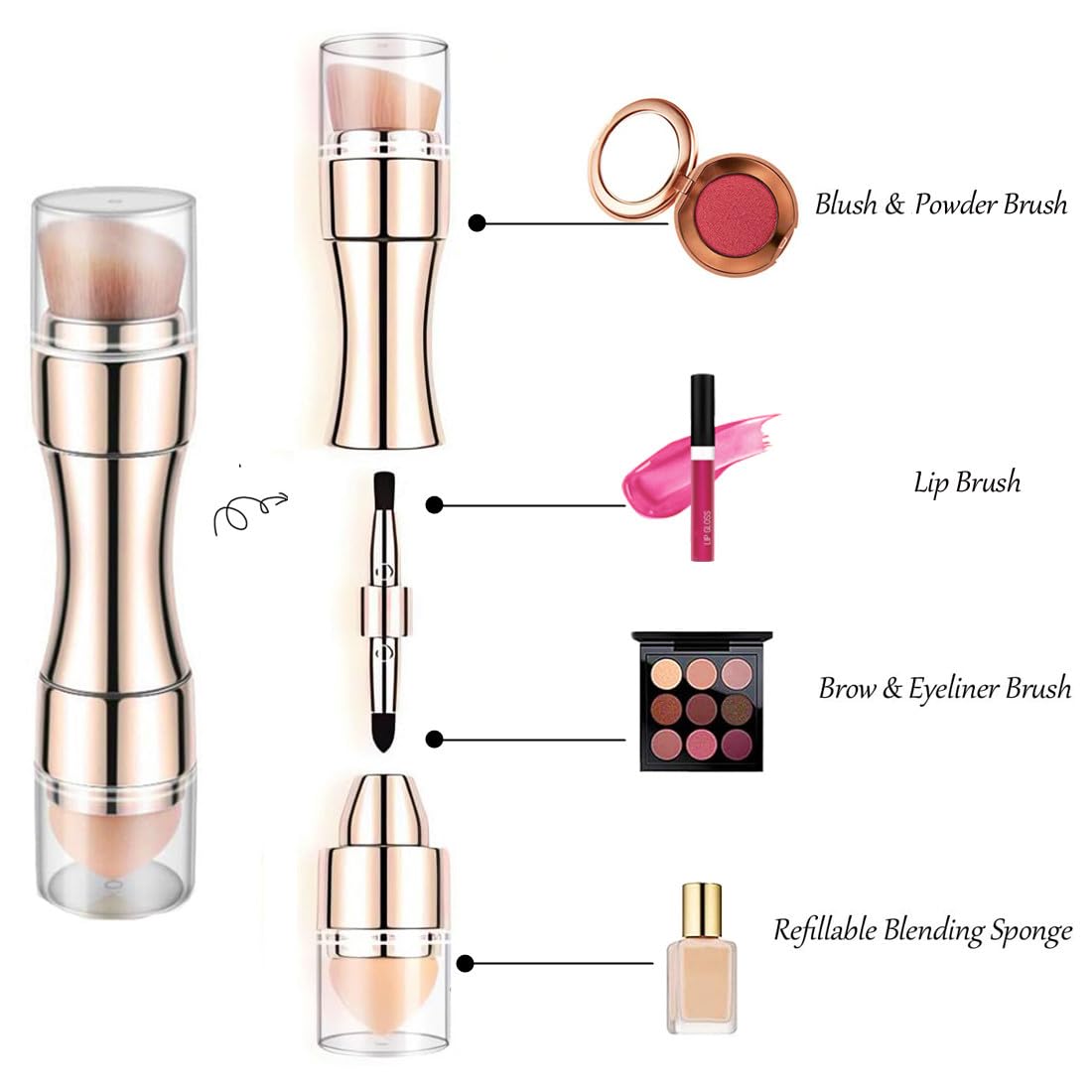 Retractable Metallic Four-in-one Multifunctional Makeup Brush