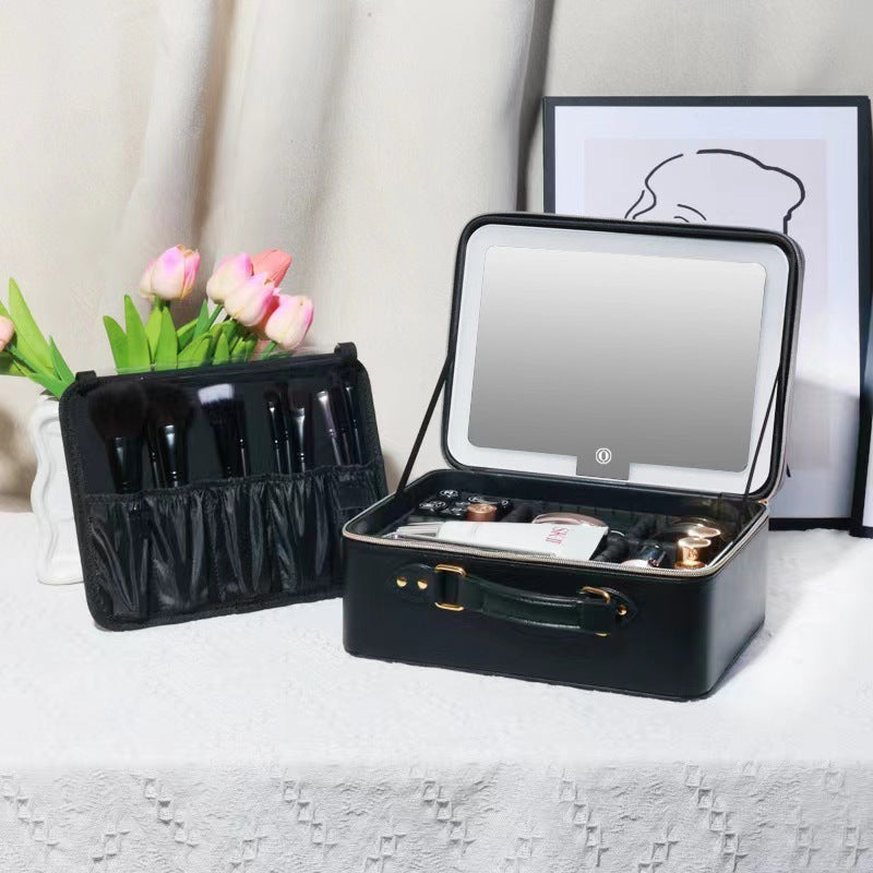 Leather makeup box-with LED mirror-three light modes-suitable for makeup