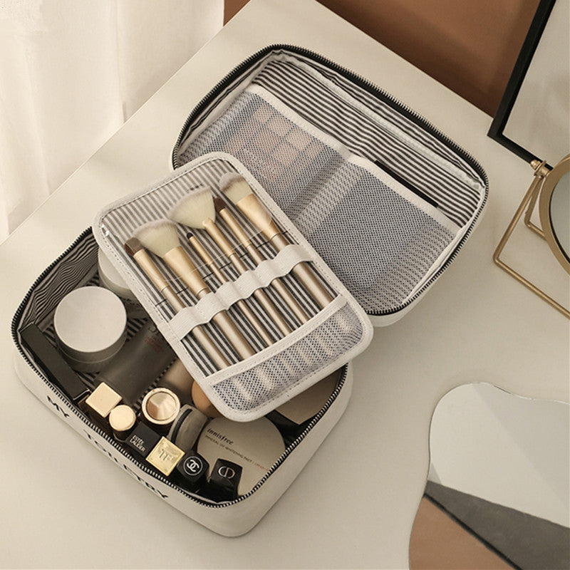 A simple box of travel-friendly makeup.