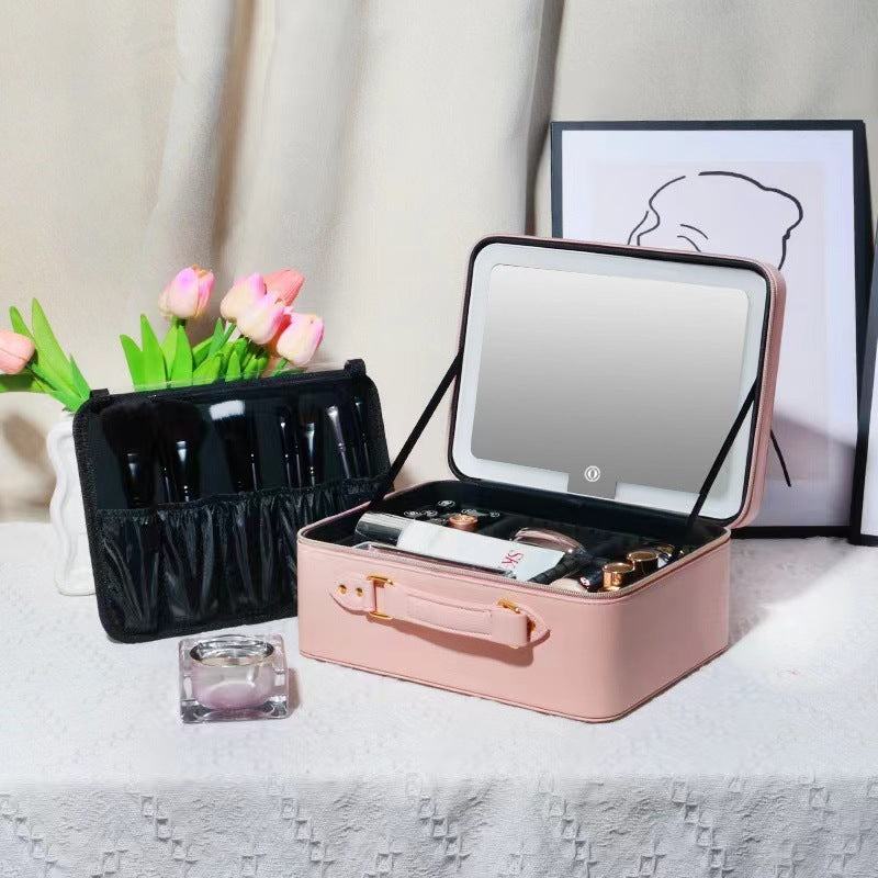 Leather makeup box-with LED mirror-three light modes-suitable for makeup